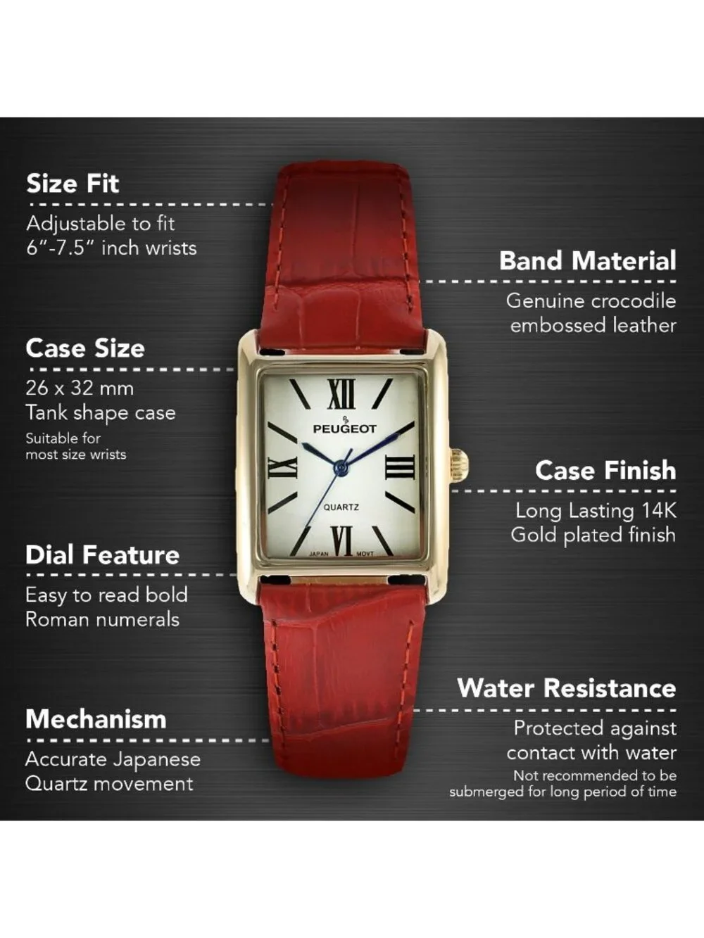 Women's Red Leather Strap Roman Numerals Dial Classic Dress Quartz Wrist Watches